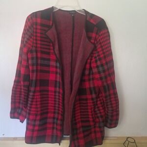 Talbots Sweater Jacket Womens Large Plaid Red Holiday Knit Tunic Open Front